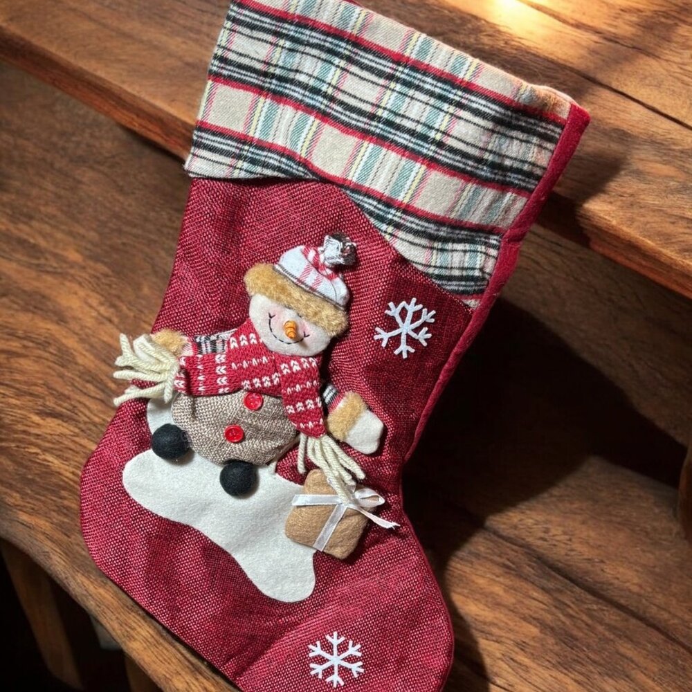 Red Christmas Stocking 17" With Snowman Applique & Plaid Cuff Festive Holiday De